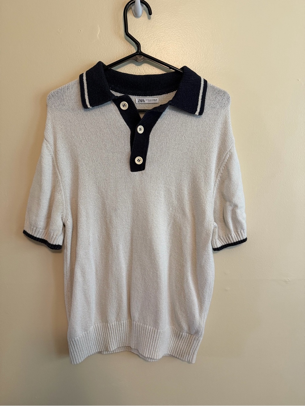 Zara White Polo with Navy Contrast Collar and Placket